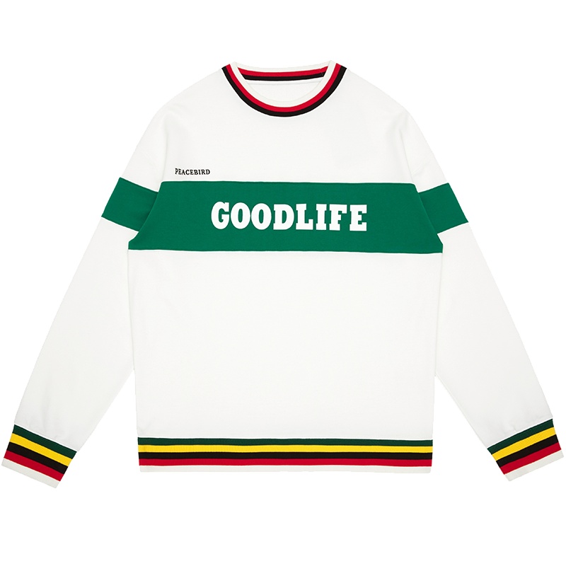 太平鸟男装春季新款字母刺绣卫衣撞色胶印罗纹圆领套头衫外套潮