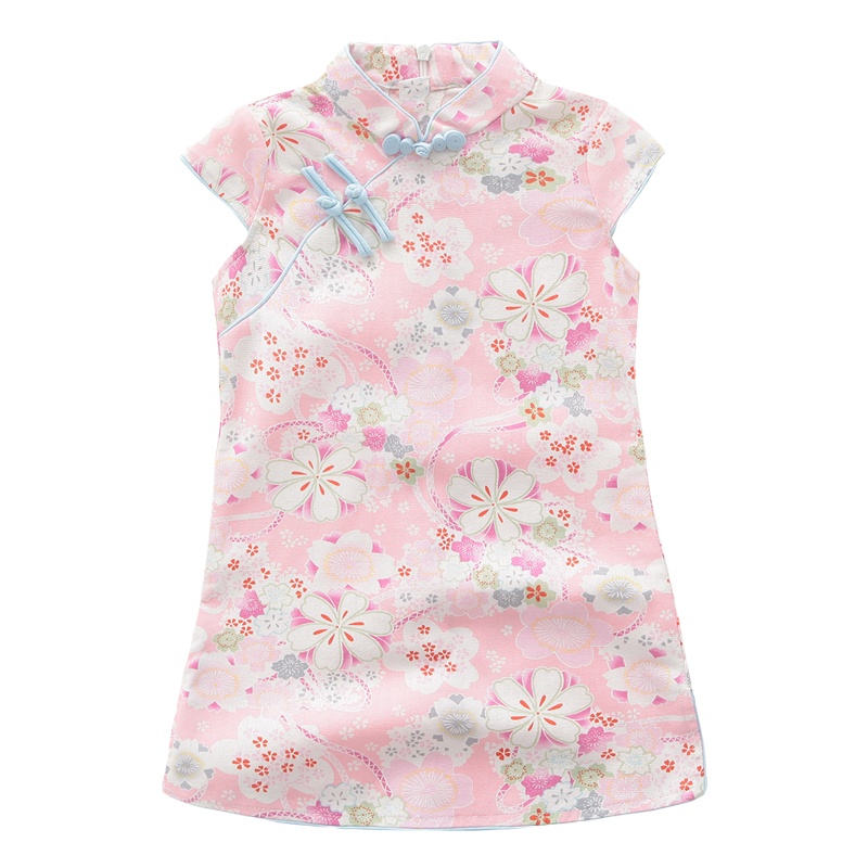 旗铂Qibo花语短袖旗袍夏季小女孩儿童唐装女宝宝夏装公主裙连衣裙