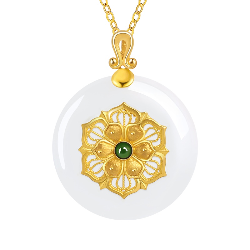 印象眸 足金镶和田玉吊坠 女款花丝工艺黄金镶嵌羊脂白玉平安扣玉石挂件 附送证书