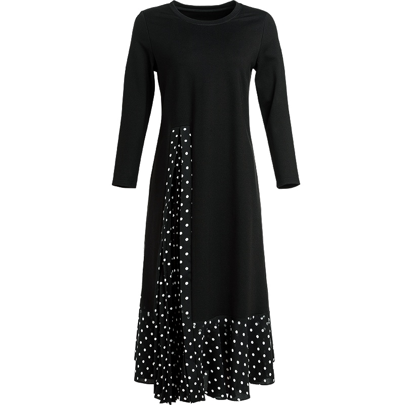 晚白2020冬季新品通勤假两件圆领长袖高腰波点A字打底连衣裙女