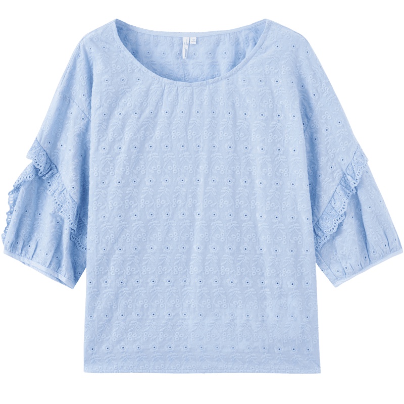 茵曼衬衣2019秋装新款纯棉圆领灯笼中袖镂空提花天蓝色衬衫女上衣