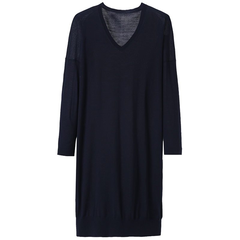 鄂尔多斯ERDOS 纯羊毛V领长袖宽松中长款薄款女连衣裙