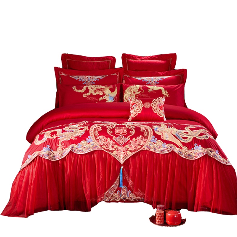 MALLAS全棉婚庆四件套多件套 大红立体绣花 床单床盖可选婚庆床品