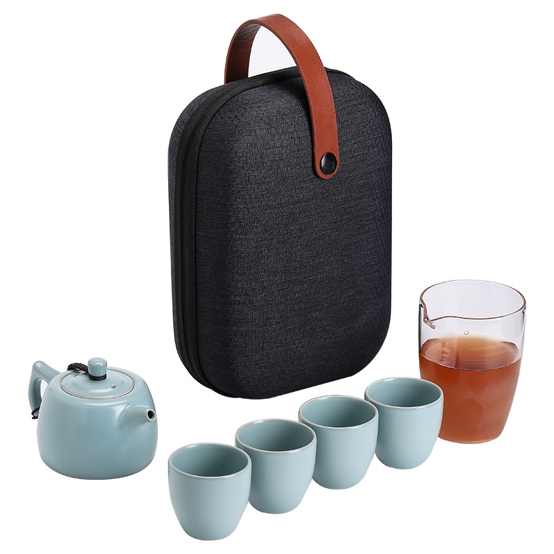 苏氏陶瓷 SUSHI CERAMICS 汝窑茶具套组旅行茶具便捷茶具高品质开片可养金线一壶四杯一玻璃公道杯旅行包包装