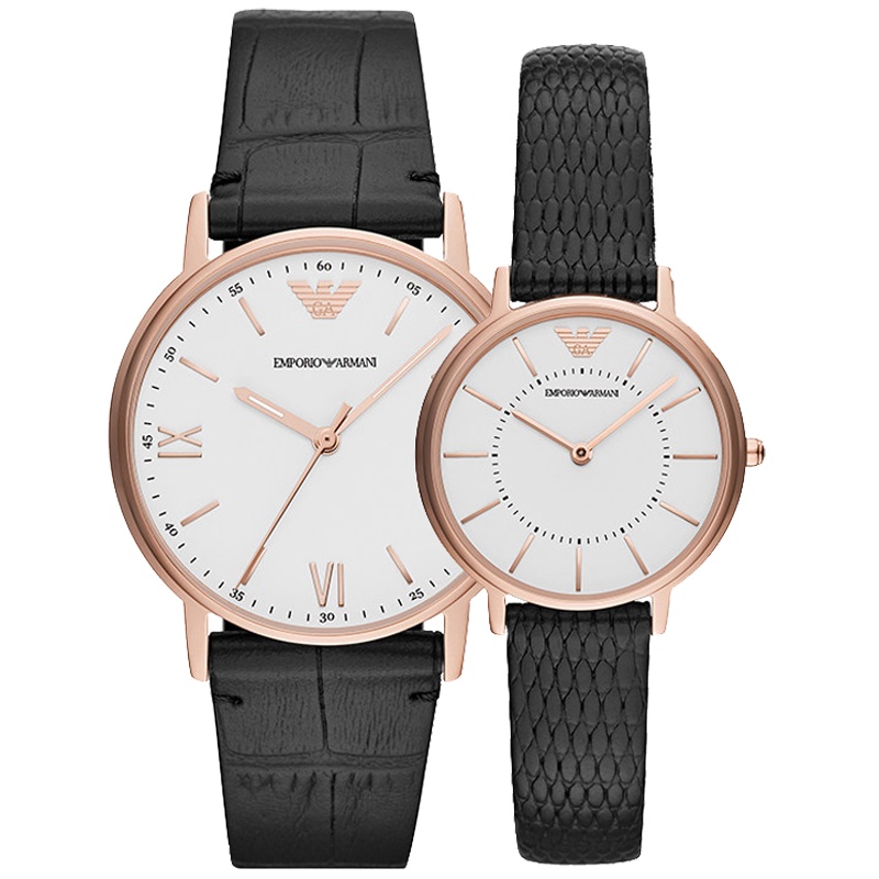 阿玛尼(EMPORIO ARMANI)情侣手表欧美品牌皮革表带欧美经典时尚商务休闲皮质表带 石英表 情侣AR80015